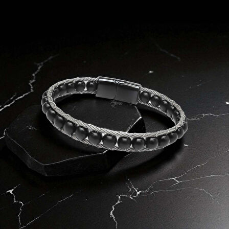  FM Oniks Doğaltaş Ve Çelik Halat Örme Bileklik 31832B2DH1 