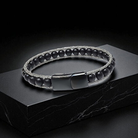  FM Oniks Doğaltaş Ve Çelik Halat Örme Bileklik 31832B2DH1 