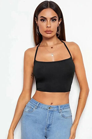 Kadın Sırtı Açık Siyah Belden Bağlamalı Crop Büstiyer - Siyah - Xl