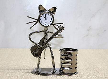 Metal Gitar Çalan Müzisyen Kedi Saat Ve Kalemlik 