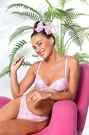 Gallipoli 32081 Ekose Desenli Hafif Destekli Sütyen ve Slip Takım - Pembe - 80B