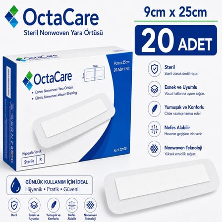Octacare Esnek Steril Nonwoven Yara Örtüsü 9cm×25cm (20 Adet)