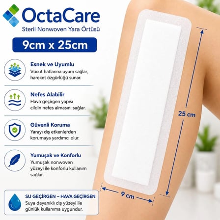 Octacare Esnek Steril Nonwoven Yara Örtüsü 9cm×25cm (20 Adet)