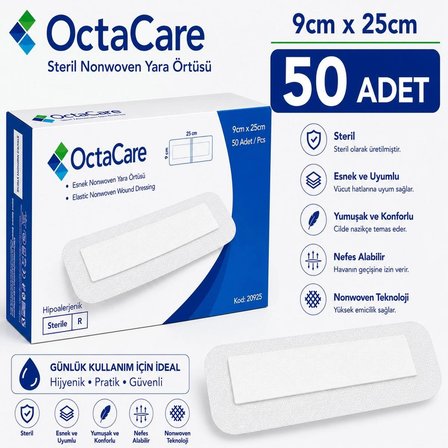 Octacare Esnek Steril Nonwoven Yara Örtüsü 9cm×25cm (50 Adet)
