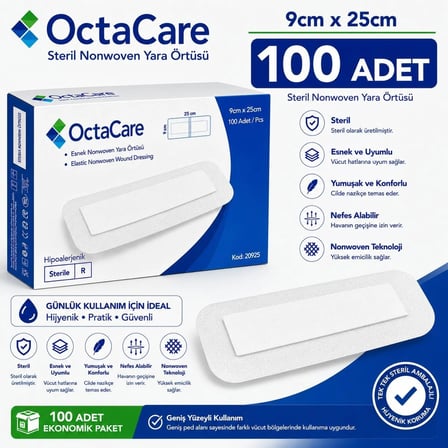 Octacare Esnek Steril Nonwoven Yara Örtüsü 9cm×25cm (100 Adet)