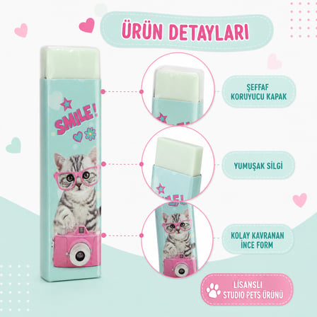 BakGelAl Studio Pets Lisanslı Renkli Silgi Kedi Köpek Desenli Okul Kırtasiye Silgisi 1 Adet