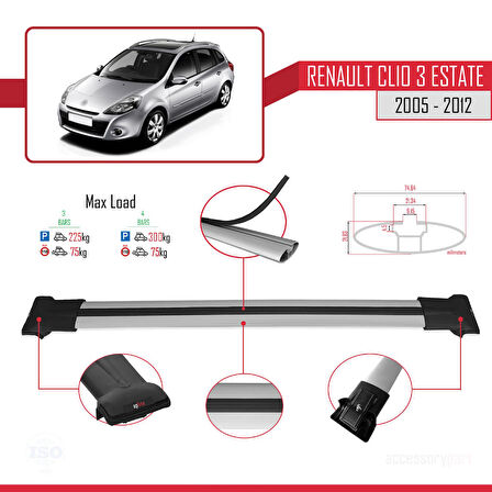 Renault Clio 3 Estate 2005-2012 Arası ile Uyumlu FLY Model Ara Atkı Tavan Barı Gri 3 Adet