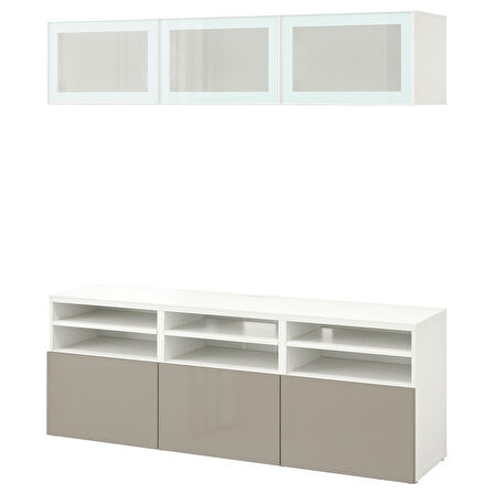 Tv ünitesi, beyaz-parlak cila-bej, 180x42x192 cm, SELSVIKEN/GLASSVIK, fren raylı