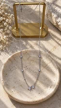 💎 Premium Parlak ve Şık Yıldız Detaylı Gümüş Renk Kadın Çelik Kolye (45 cm)