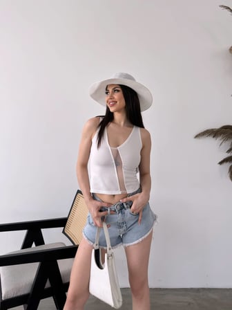 Tül Detaylı Göğüs Dekolteli Kolsuz Bluz - BEYAZ - L