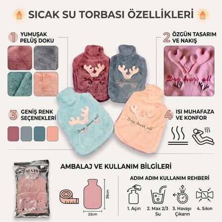 BakGelAl Peluş Sıcak Su Torbası – Pembe Geyik Desenli Yumuşak Dokulu Isı Torbası (Büyük)