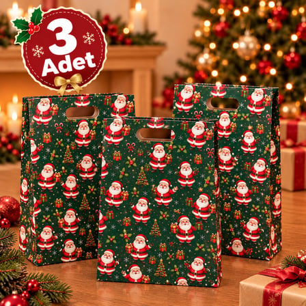 Yılbaşı Hediye Paketi Yeşil - Noel Baba Desenli Lüks Karton Hediye Çantası (3 Adet)
