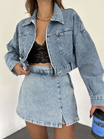 Fermuarlı Çift Cepli Denim Ceket