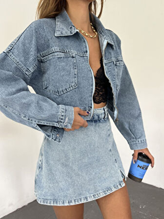 Fermuarlı Çift Cepli Denim Ceket