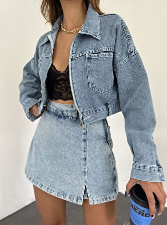 Fermuarlı Çift Cepli Denim Ceket