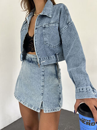 Fermuarlı Çift Cepli Denim Ceket