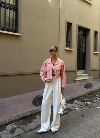 Çift Cep Denim Crop Ceket - PUDRA - M