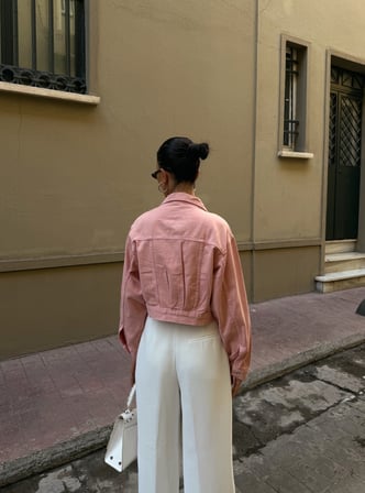 Çift Cep Denim Crop Ceket - PUDRA - M