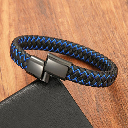  FM Mavi Siyah Deri Örgü Çelik Bileklik 31833B4D3 