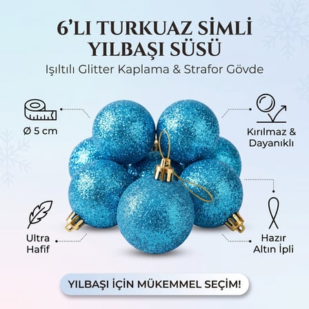6'lı Simli Yılbaşı Ağaç Süsü Topu 5 cm - Kar Topu Süsleme Seti