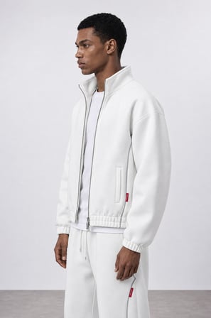 Erkek Biye Detaylı Panda Oversize Zip Ekru