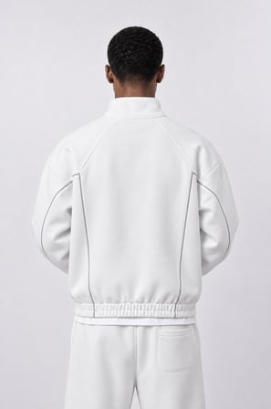 Erkek Biye Detaylı Panda Oversize Zip Ekru