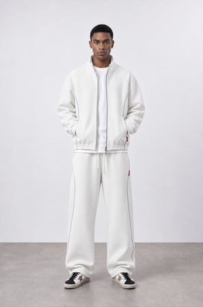Erkek Biye Detaylı Panda Oversize Zip Ekru