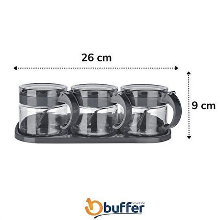 Bst® Siyah 3lü Standlı Kapaklı Kaşıklı Cam Hava Sızdırmaz Baharatlık Takımı KC-386