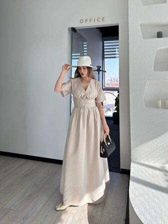 Kısa Kollu Uzun Elbise - Kırık Beyaz