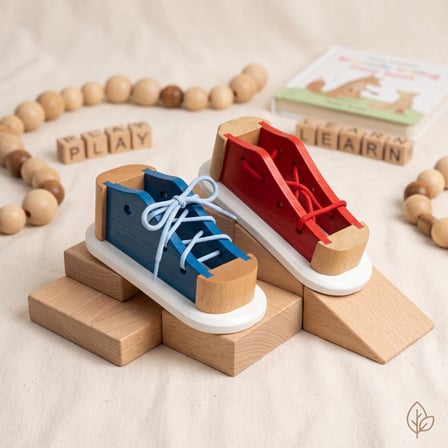 BakGelAl Ahşap Bağcık Bağlama Eğitici Ayakkabı – Çocuklar İçin Montessori Beceri ve El Göz Koordinasyon Oyuncağı