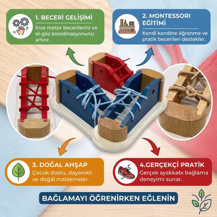 BakGelAl Ahşap Bağcık Bağlama Eğitici Ayakkabı – Çocuklar İçin Montessori Beceri ve El Göz Koordinasyon Oyuncağı