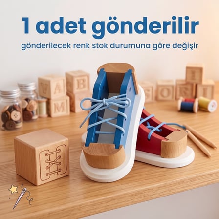 BakGelAl Ahşap Bağcık Bağlama Eğitici Ayakkabı – Çocuklar İçin Montessori Beceri ve El Göz Koordinasyon Oyuncağı