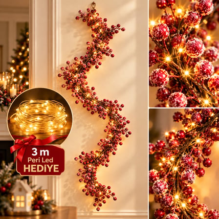 BakGelAl 190 cm Kokina Görünümlü Yılbaşı Süsleme Dalı – Kar Efektli Kırmızı Meyveli Dekoratif Garland, Kapı ve Merdiven Süsü – 3 Metre Peri LED Hediye