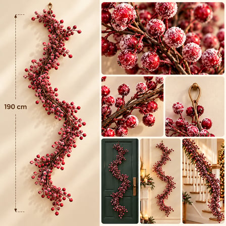 BakGelAl 190 cm Kokina Görünümlü Yılbaşı Süsleme Dalı – Kar Efektli Kırmızı Meyveli Dekoratif Garland, Kapı ve Merdiven Süsü – 3 Metre Peri LED Hediye