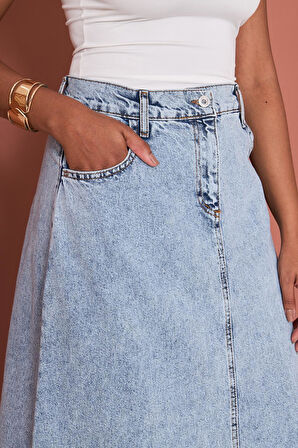 Yüksek Bel A Kesim Cepli Kot Etek – Açık Mavi