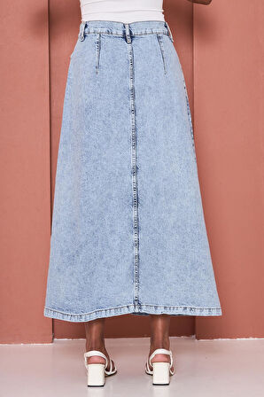 Yüksek Bel A Kesim Cepli Kot Etek – Açık Mavi