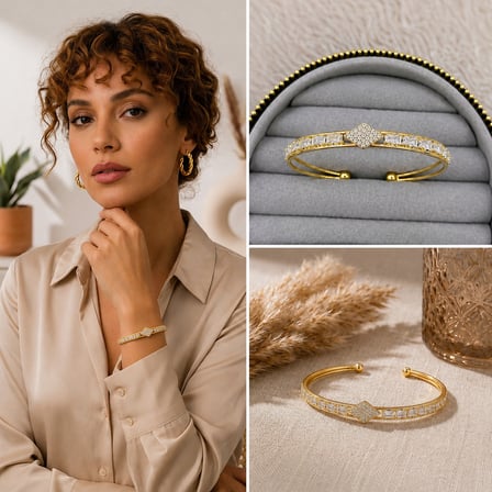 💎 Premium Gold Renk Zirkon Taş Baklava Detay Su Yolu Manşet Tasarım Kadın Bijuteri Bileklik (20cm)