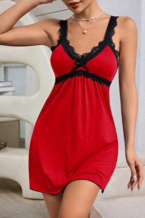 Kadın Kırmızı Dantel Asılı Fiyonk Detaylı Gecelik Takımı