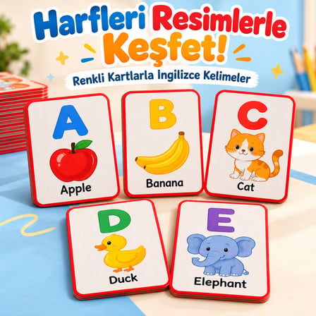 BakGelAl İngilizce Öğreniyorum Eğitici Hafıza Kartları - Harf Tanıma ve Görsel Kelime Kartları Seti (36 Ay+)