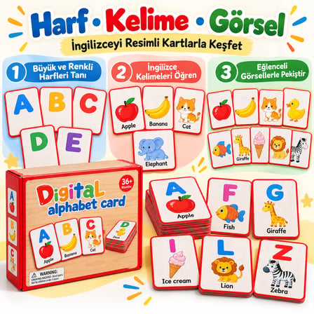 BakGelAl İngilizce Öğreniyorum Eğitici Hafıza Kartları - Harf Tanıma ve Görsel Kelime Kartları Seti (36 Ay+)