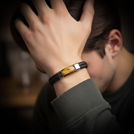   Kaplan Gözü Taşlı Siyah Deri Erkek Çelik Bileklik 31834B6D1 