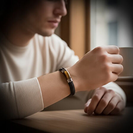   Kaplan Gözü Taşlı Siyah Deri Erkek Çelik Bileklik 31834B6D1 