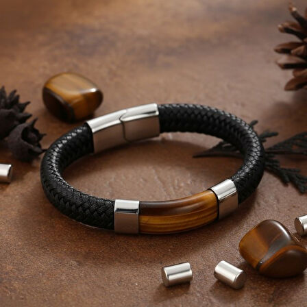   Kaplan Gözü Taşlı Siyah Deri Erkek Çelik Bileklik 31834B6D1 