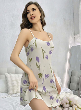 Kadın Beyaz Çiçekli Desenli Askılı Gecelik 5109