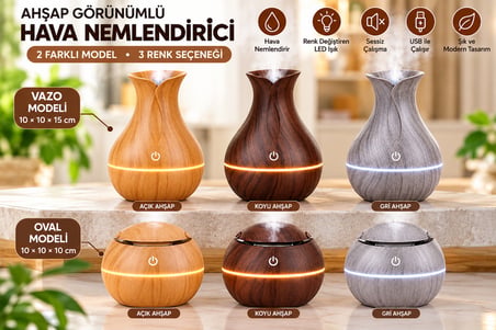 Ahşap Görünümlü Ultrasonik Hava Nemlendirici Aroma Difüzör LED Işıklı USB – OVAL KOYU KAHVE