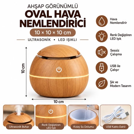 Ahşap Görünümlü Ultrasonik Hava Nemlendirici Aroma Difüzör LED Işıklı USB – OVAL KOYU KAHVE