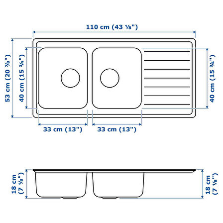 Çift gözlü damlalıklı eviye, paslanmaz çelik, 110x53 cm