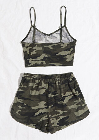 Kadın Kamuflaj Desenli Askılı Crop Top Ve Şortlu Gecelik Takım