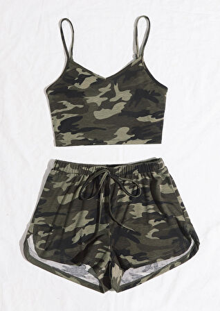 Kadın Kamuflaj Desenli Askılı Crop Top Ve Şortlu Gecelik Takım