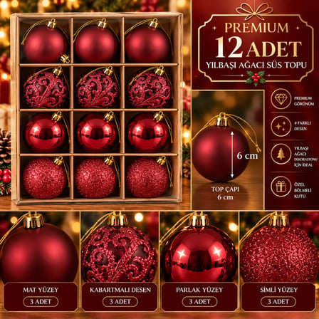 BakGelAl Premium 12 Adet Lüks Yılbaşı Ağacı Süs Topu Seti – 6 cm 4 Farklı Yüzey Tasarımlı Çam Ağacı Dekor Süsü Kırmızı